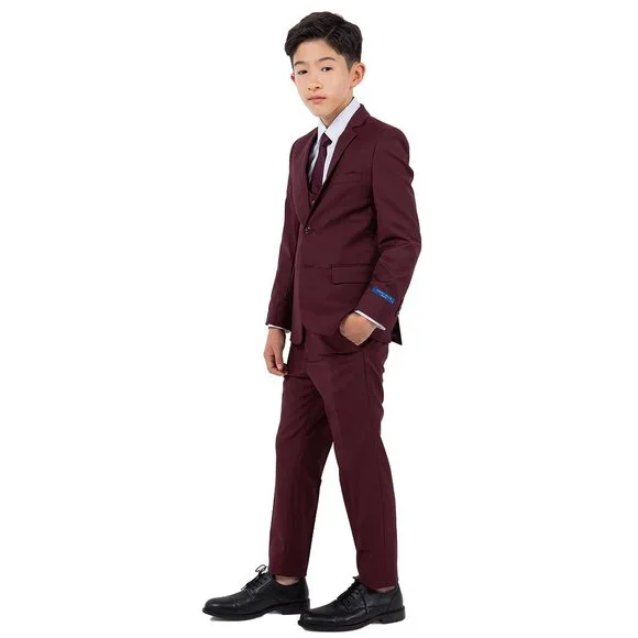 5-Piece Perry Ellis Portfolio Boys Slim Fit Solid Suit, Burgundy - Picture 6 of 6
